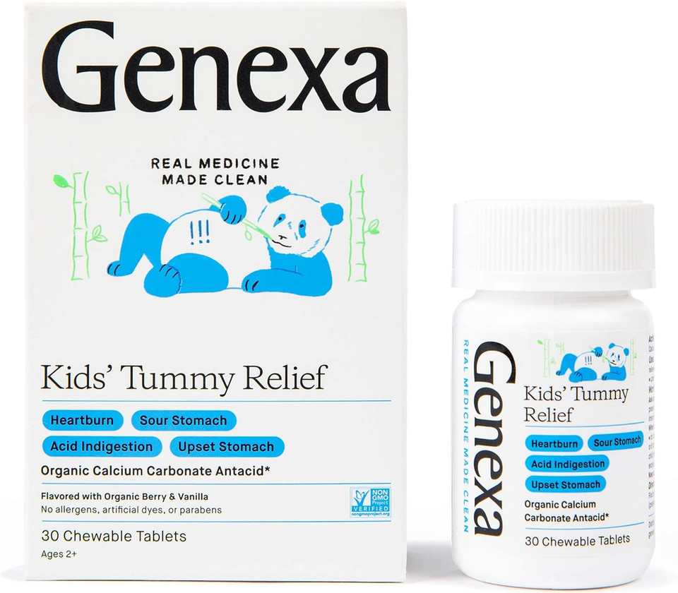 Genexa Kids' Tummy Relief - 30 Antacid Chews - Calcium Carbonate Acid Reducer - Certified Vegan, Gluten Free & Non-GMO