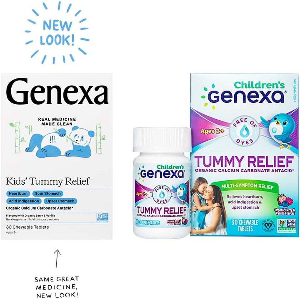 Genexa Kids' Tummy Relief - 30 Antacid Chews - Calcium Carbonate Acid Reducer - Certified Vegan, Gluten Free & Non-GMO