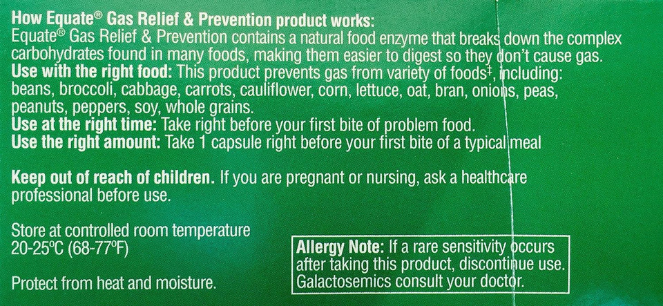 Equate Gas Relief & Prevention Food Enzyme Dietary Supplement, 100Ct, Compare To Beano