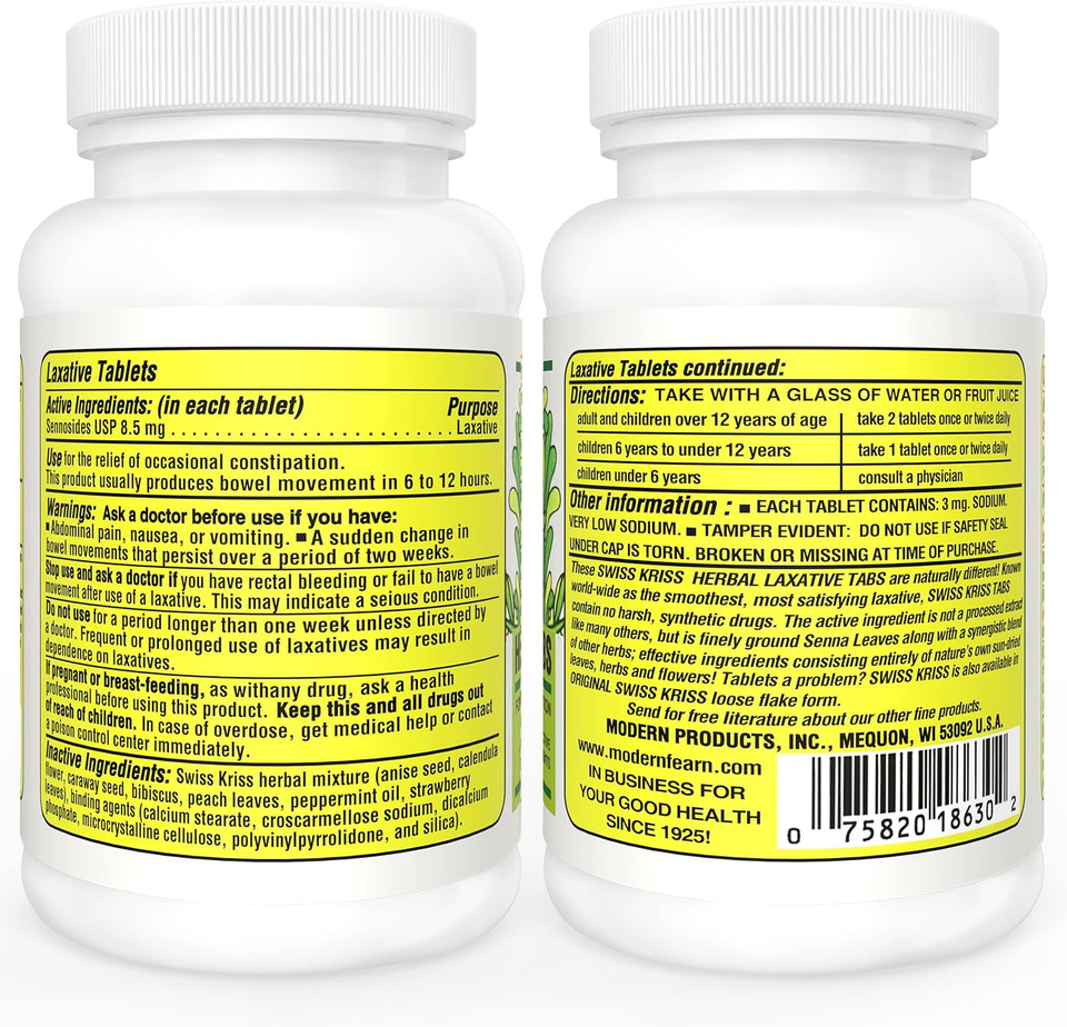 Swiss Kriss Herbal Laxative Tablets, Gentle & Natural Laxatives For Constipation Relief For Adults & Children Over Age 6, Works In 6-12 Hours, Senna Laxative (Pack Of 4-1000 Tablets Total)