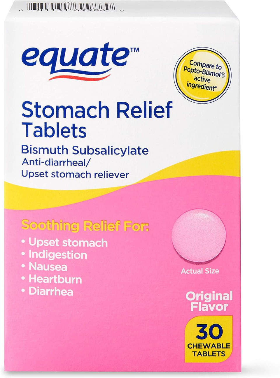 Equate - Stomach Relief, Pink Bismuth Subsalicylate, 30 Chewable Tablets (2)