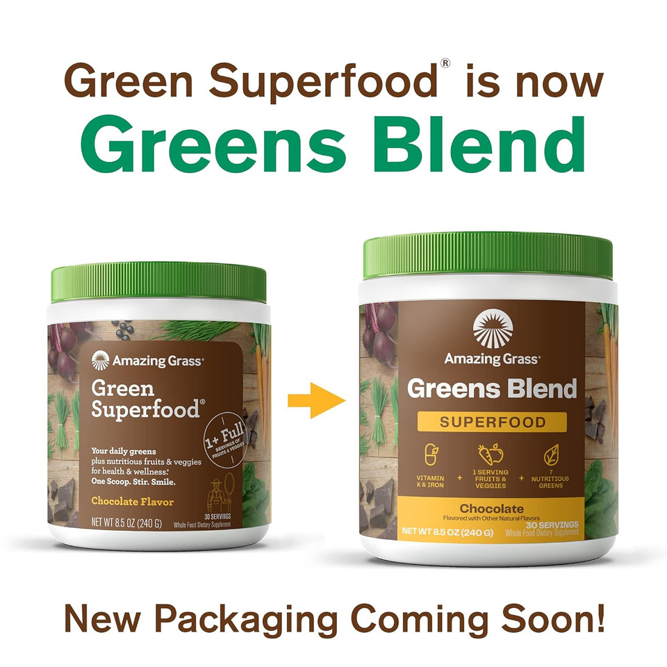 Amazing Grass Greens Blend Superfood: Super Greens Powder Smoothie Mix With Organic Spirulina, Beet Root Powder, Chlorella, Prebiotics & Probiotics, Chocolate, 100 Servings (Packaging May Vary)100 Servings (Pack Of 1)