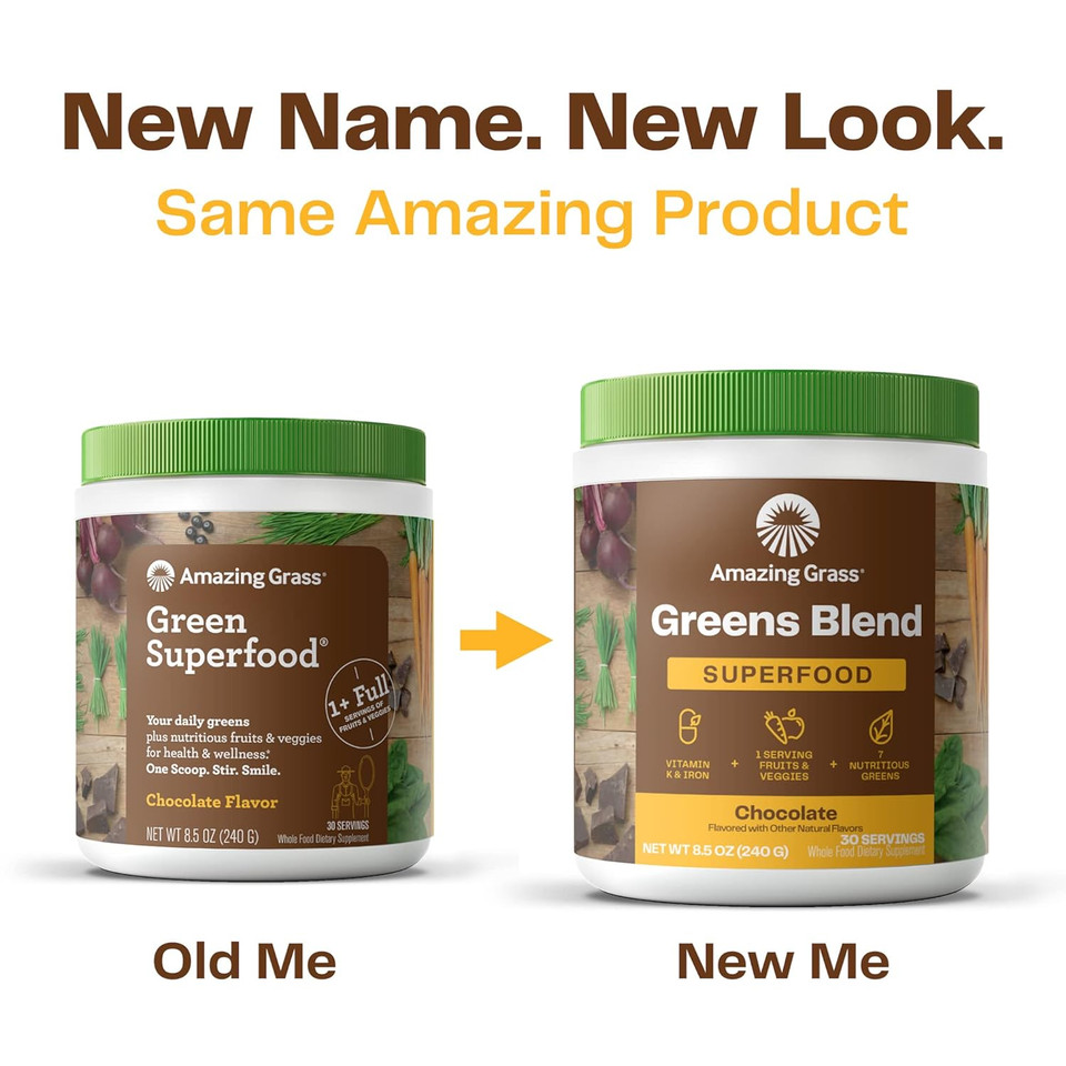 Amazing Grass Greens Blend Superfood: Super Greens Powder Smoothie Mix With Organic Spirulina, Beet Root Powder, Chlorella, Prebiotics & Probiotics, Chocolate, 100 Servings (Packaging May Vary)100 Servings (Pack Of 1)