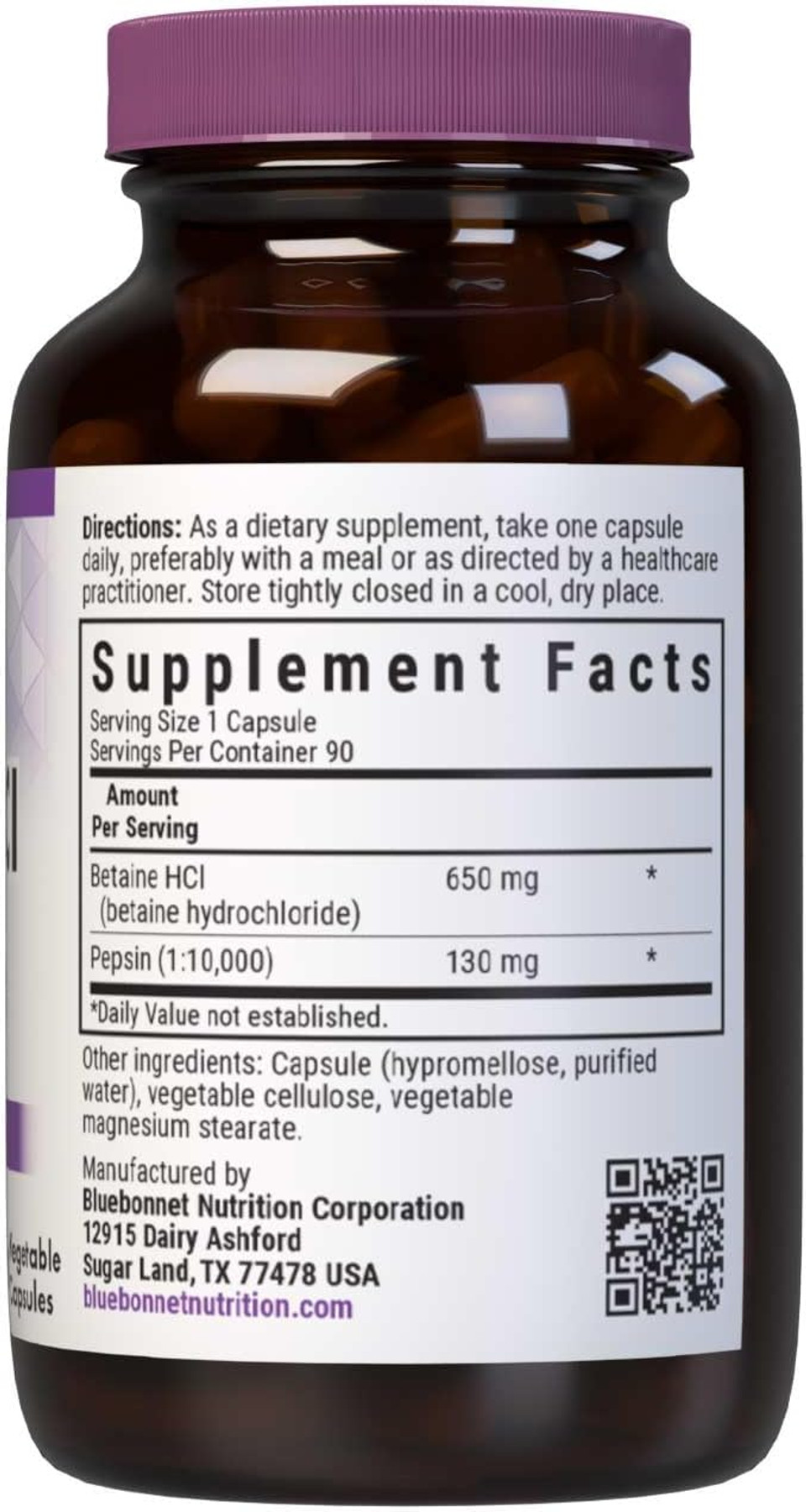 Bluebonnet Betaine Hci Plus Pepsin Vegetarian Capsules, 90 Count