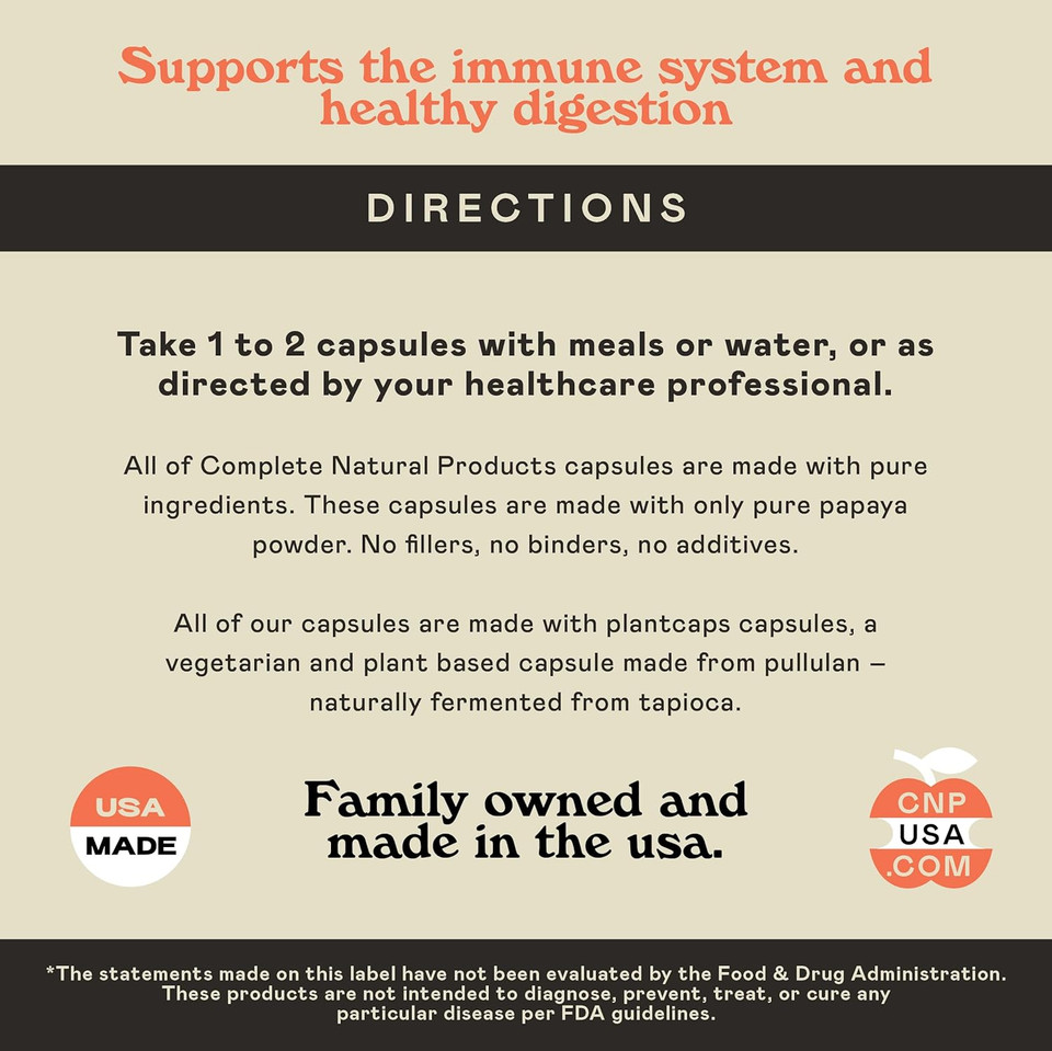 Complete Natural Products Organic Papaya Enzymes & Papain Enzyme Capsules - 500Mg 100 Pills, Organic Papaya Powder Digestive Super Fruit Capsules