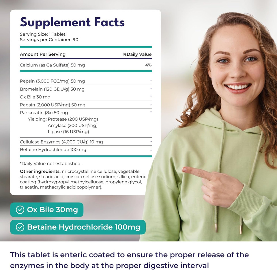 Digestive Enzymes Supplement - Includes Purified Ox Bile Salts - Tablets For No Gallbladder Sufferers - Enzyme For Digestion & Gas Relief - Helps Bloating, Acid Reflux, Constipation & Repair Leaky Gut