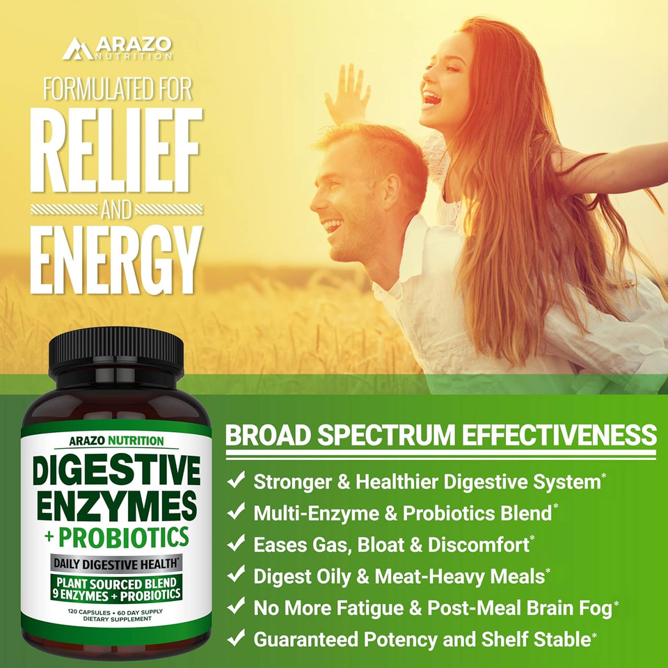 Digestive Enzymes With Probiotics - Multi Enzyme Nutritional Supplement - Acidophilus Bromelain Papaya Papain Lipase & Lactase - Improve Digestion - 120 Pills - Arazo Nutrition