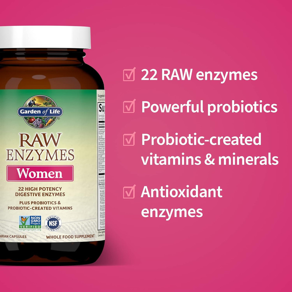 Garden Of Life 22 Digestive Enzymes For Women With Bromelain, Papain, Lipase & Lactase Plus Probiotics & Vitamins B12, Biotin & Zinc  Raw Enzymes  Non-Gmo, Gluten-Free, Vegetarian, 90 Capsules