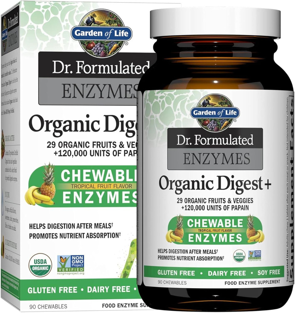 Garden Of Life Dr Formulated Digestive Enzymes With Papain, Bromelain, Lipase For Digestion & Nutrient Absorption  Organic Digest+ - Vegan, Gluten-Free, Non-Gmo, Tropical Fruit Flavor, 90 Chewables
