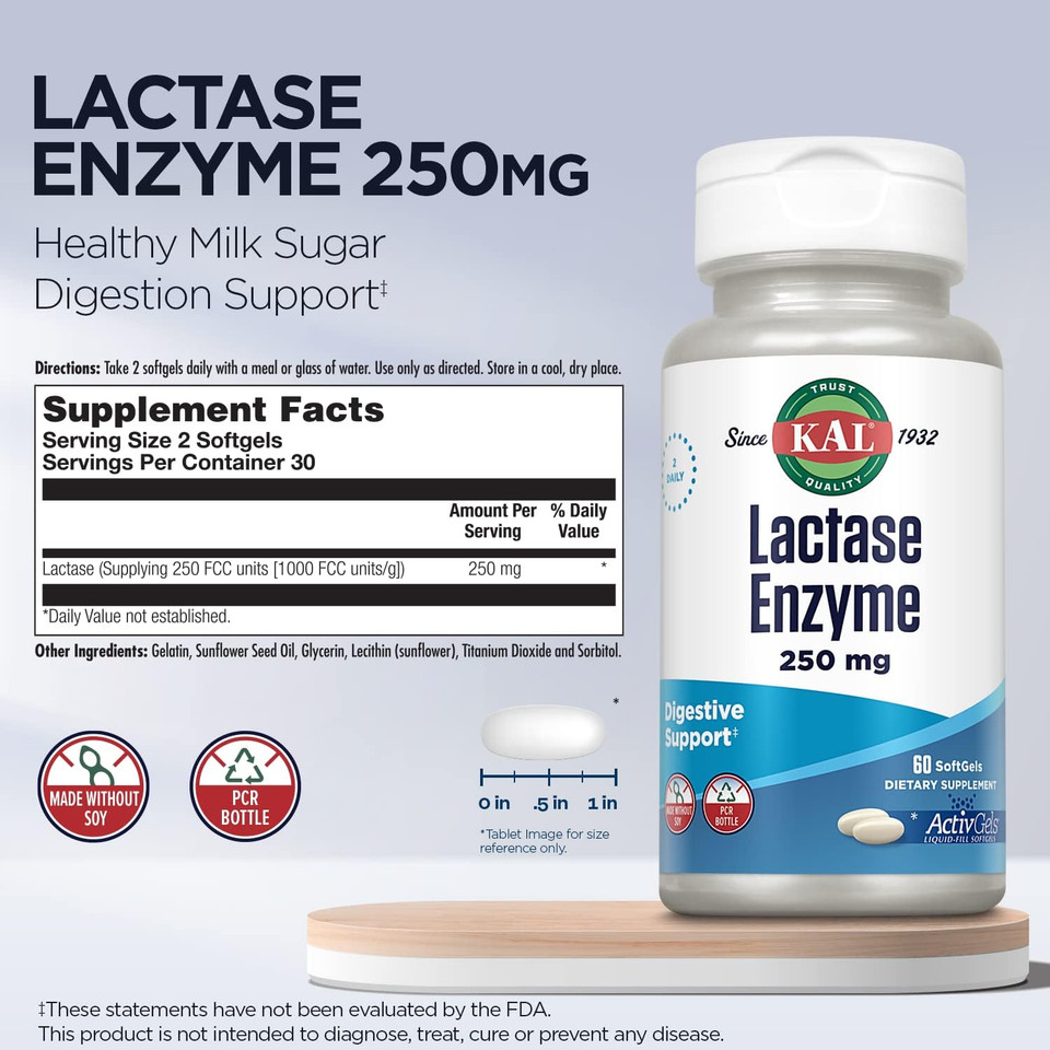 Kal Lactase Enzyme 250 Mg, Healthy Digestion Support For Lactose Intolerance, Liquid-Filled Activgels Made Without Soy, 250 Fcc Units, 30 Servings, 60 Softgels