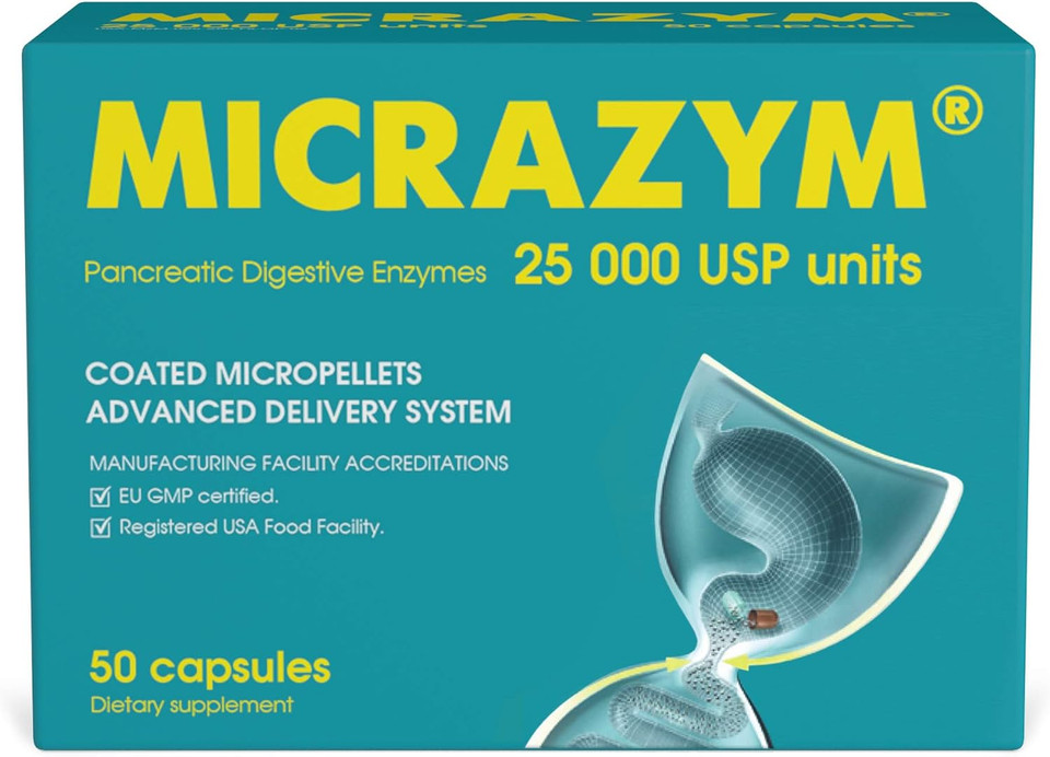 Micrazym Avva Pharm Pancreatic Enzymes - 25,000 Usp Effective Pancreatic Enzyme Supplements - Digestive Enzymes For Digestion - 50 Fast-Acting Capsules With Amylase, Lipase And Protease
