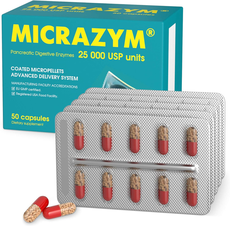 Micrazym Avva Pharm Pancreatic Enzymes - 25,000 Usp Effective Pancreatic Enzyme Supplements - Digestive Enzymes For Digestion - 50 Fast-Acting Capsules With Amylase, Lipase And Protease