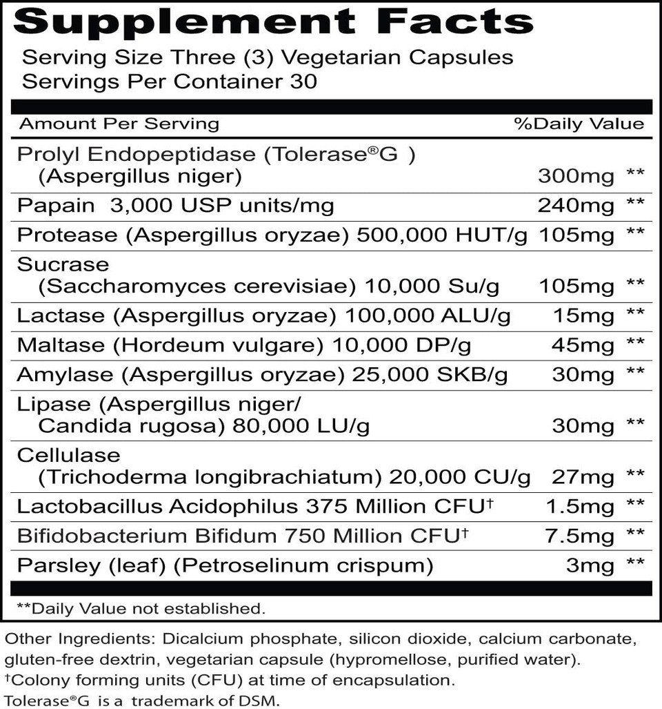 Priority One Vitamins Gluten Resolve 90 Vegetarian Capsules - Digestive Support For A Gluten Free Lifestyle.* Toleraseã¢Â®G Is Scientifically Proven To Digest Proline-Rich Gluten Epitopes