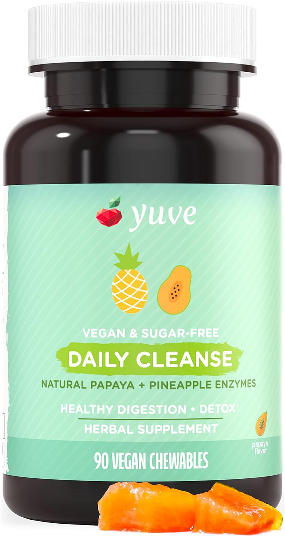 Yuve Natural Papaya Digestive Enzymes - Sugar-Free Chewable Candies - Promotes Better Digestion - Constipation & Bloating Aid, Detox, Leaky Gut Repair & Gas Relief - Vegan, Non-Gmo, Gluten-Free - 90Ct90 Count (Pack Of 1)