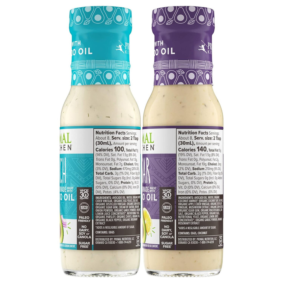Primal Kitchen Ranch Dressing & Marinade And Caesar Dressing & Marinade, Made With Avocado Oil And Cage-Free Eggs, 8 Fluid Ounces, Variety Pack Of 2
