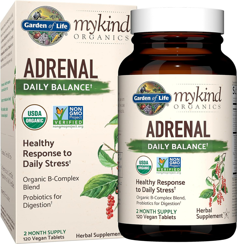 Garden Of Life Adrenal Daily Balance, Adaptogenic Herbs Ashwagandha, Holy Basil, B Complex & Probiotics, Organic Non-Gmo, Vegan, Gluten Free Supplement, Two Month Supply, 120 Tablets