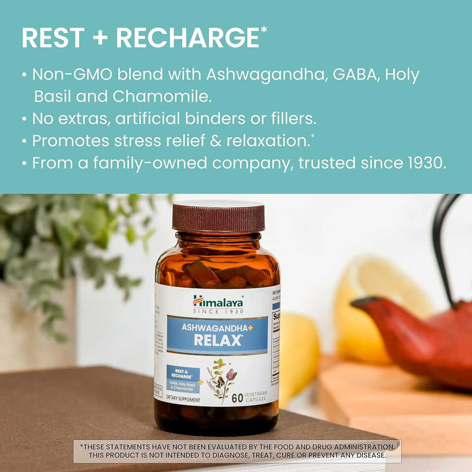 Himalaya Ashwagandha+ Relax, With Gaba, Holy Basil & Chamomile For Reset, Relaxation & Stress Relief, Vegan, Gluten Free, 540 Mg, 60 Vegetarian Capsules, 1 Month Supply