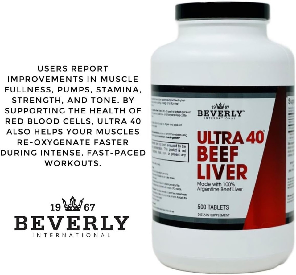 Beverly International Ultra 40 Grass Fed Desiccated Beef Liver, 500 Tab. Golden-Era Secret For Boosting Muscle Growth, Stamina And Performance Naturally. Break Through Those Sticking Points-Endurance!