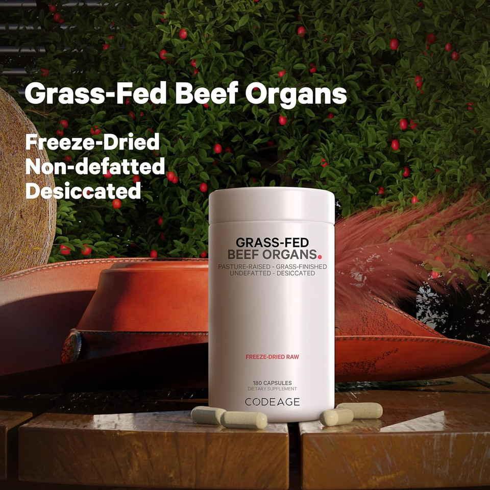 Codeage Grass Fed Beef Organs Supplement  Glandulars Supplements - Freeze Dried, Non-Defatted, Desiccated Liver, Heart, Kidney, Pancreas & Spleen Bovine Pills  Beef Vitamins - Non-Gmo -180 Capsules