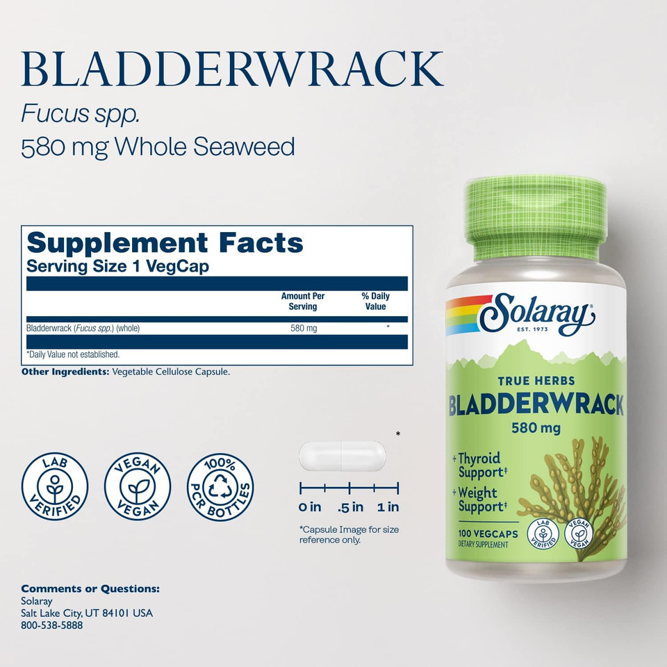 Solaray Bladderwrack Seaweed 580 Mg Healthy Thyroid Balance And Weight Management Support Non-Gmo & Vegan 100 Vegcaps