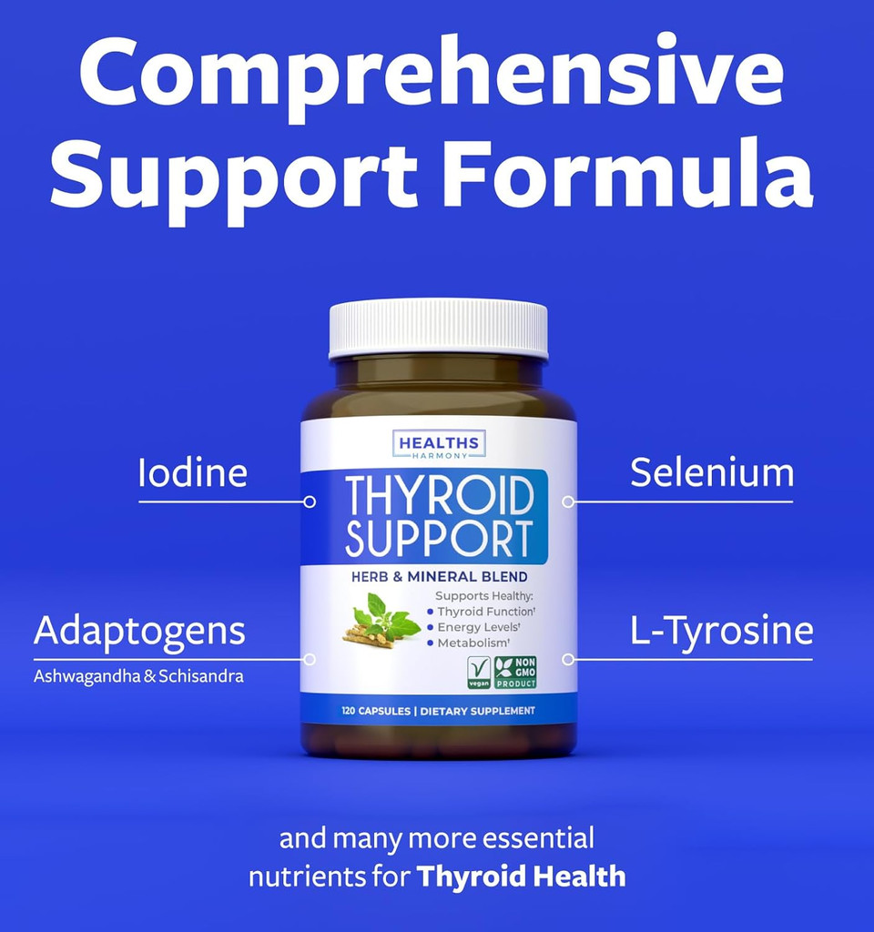 Thyroid Support With Iodine - 120 Capsules (Non-Gmo) Improve Your Energy - Ashwagandha Root, Zinc, Selenium, Vitamin B12 Complex - Thyroid Health Supplement For Women And For Men - 60 Day Supply