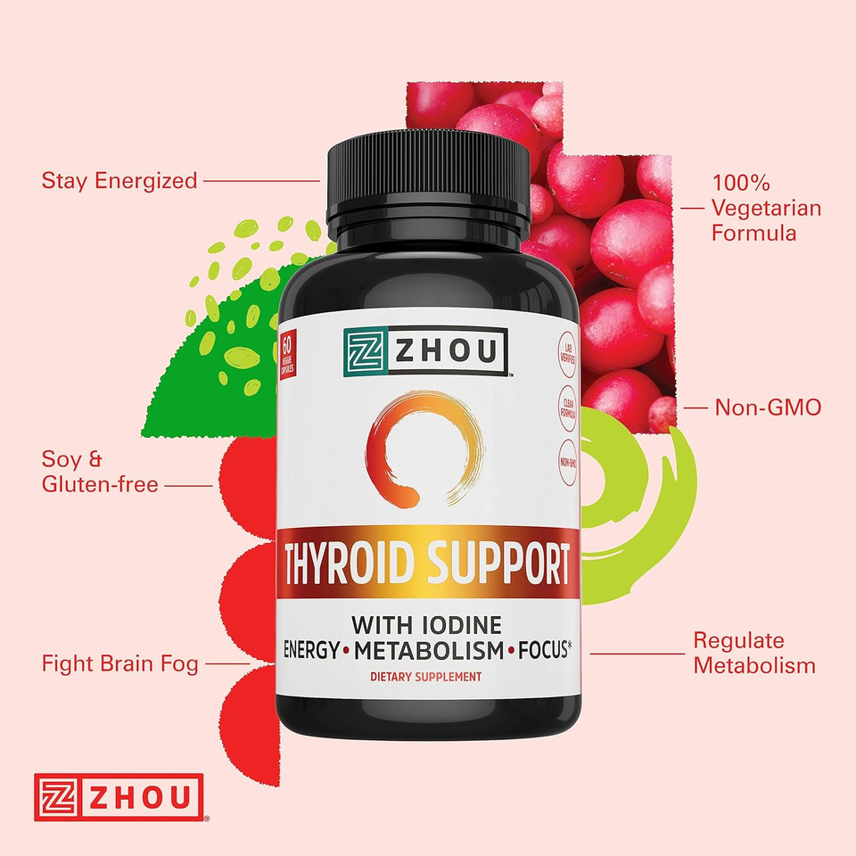 Zhou Thyroid Support Complex With Iodine Supplement, Increase Energy, Fight Brain Fog With Vitamin B12, Iodine, Magnesium, Zinc, Selenium, No Soy, Gluten-Free, 30 Servings, 60 Caps