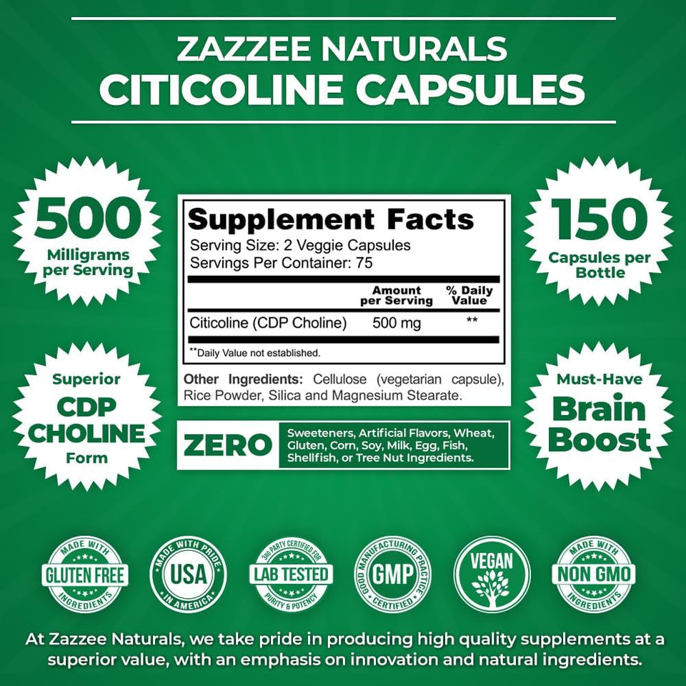 Zazzee Extra Strength Citicoline, 500 Mg Per Serving, 150 Vegan Capsules, 75 Day Supply, Superior Cdp Choline Form, 100% Vegetarian, All-Natural, Pharmaceutical Grade And Non-Gmo