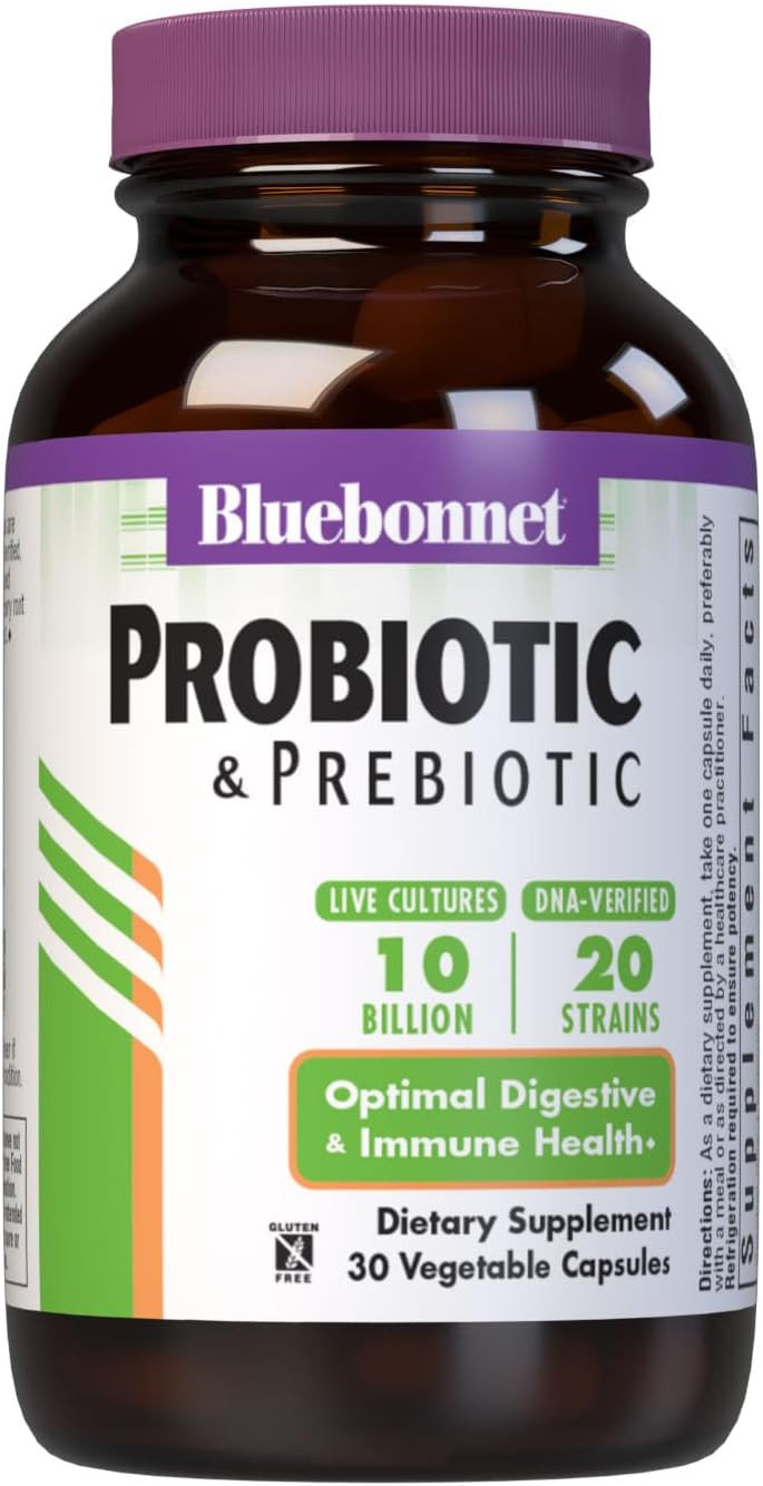 Bluebonnet Nutrition Probiotic & Prebiotic, 10 Billion Cfu, Supports Immune Health*, Aids In Digestive Health*, Gluten-Free, Non-Gmo, 30 Vegetable Capsules, 30 Servings