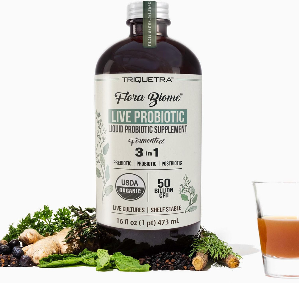 Flora Biome - Live Probiotic, Prebiotic & Postbiotic  Organic Live-Culture  10 Probiotic Strains, 19 Fermented Herbs, 50 Billion Cfu - Complete Gut Health & Microbiome Optimizer (16 Oz)