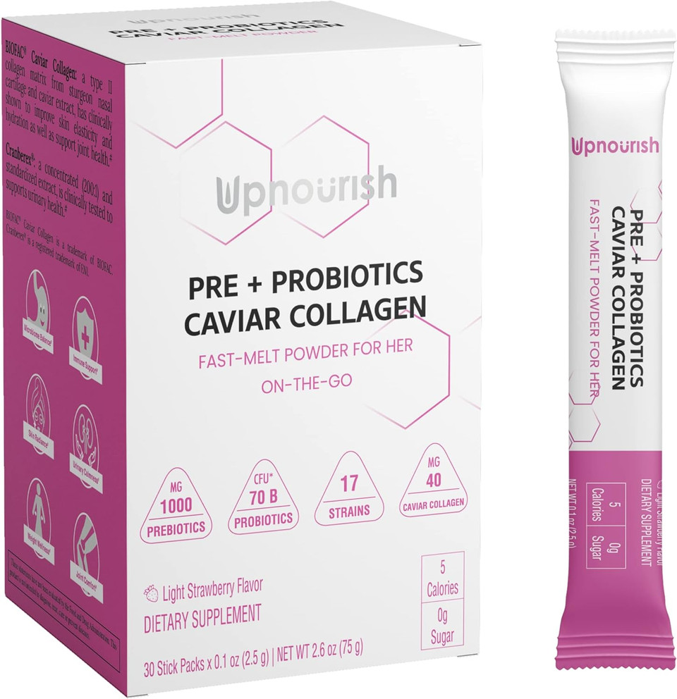 Upnourish Prebiotics, Probiotics And Caviar Collagen For Women'S Digestive & Weight Wellness, Skin Radiance, Joint Mobility, Feminine Health With Cranberry Extract & D-Mannose, 30 Fast-Melt Packets