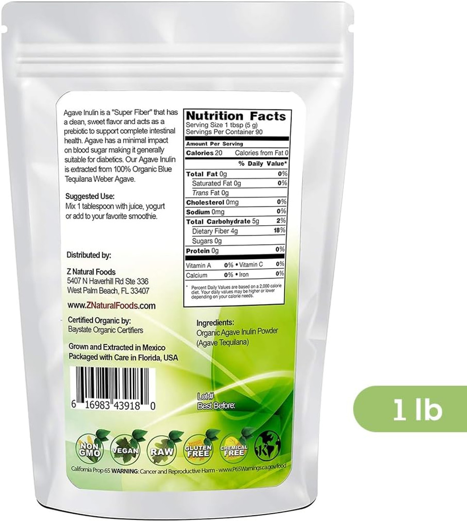 Z Natural Foods Organic Agave Inulin Powder, Natural Fiber Supplement, Prebiotic Superfood Powder For Drinks, Smoothies, And Recipes, Raw, Non-Gmo, Vegan, Gluten-Free, Kosher, 1 Lb