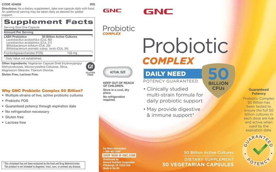 Gnc Probiotic Complex Daily Need With 50 Billion Cfus | Clinically Studied Multi-Strain, Supports Digestive And Immune Health, Vegetarian | 30 Capsules