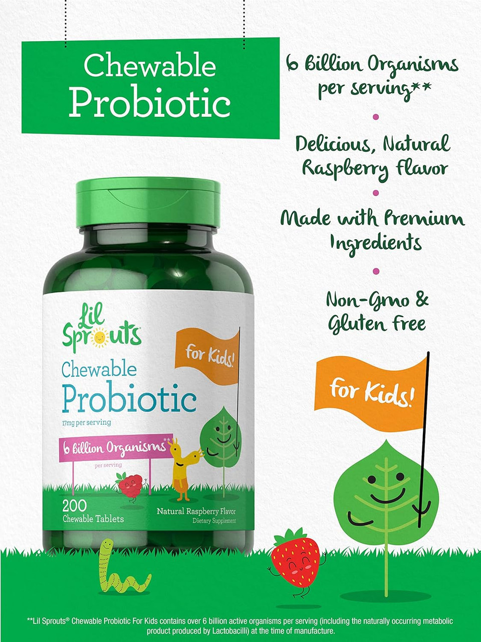 Probiotics For Kids | 200 Chewable Tablets | 6 Billion Cfus | Natural Raspberry Flavor | Non-Gmo, Gluten Free Probiotics For Children | By Lil' Sprouts