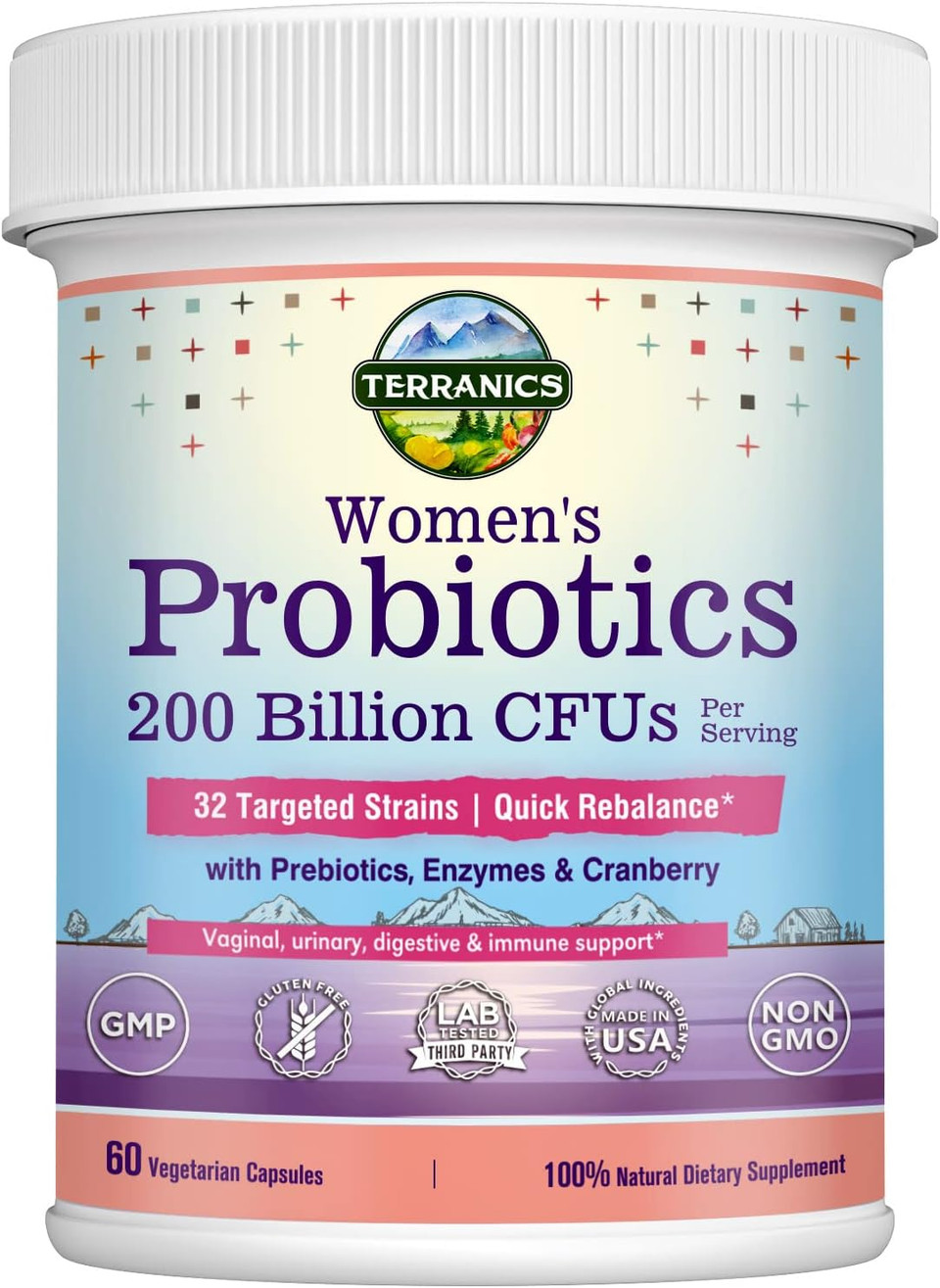 Terranics Daily Probiotics For Women, 200 Billion 32 Strains Womens Probiotics, With Cranberry, Prebiotics & Enzymes, Rebalance Vaginal Flora & Ph, Delayed Release, Shelf Stable, 60 Vegan Caps