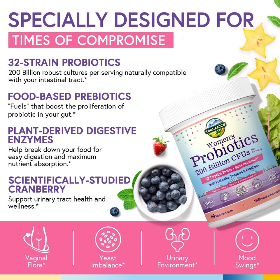 Terranics Daily Probiotics For Women, 200 Billion 32 Strains Womens Probiotics, With Cranberry, Prebiotics & Enzymes, Rebalance Vaginal Flora & Ph, Delayed Release, Shelf Stable, 60 Vegan Caps