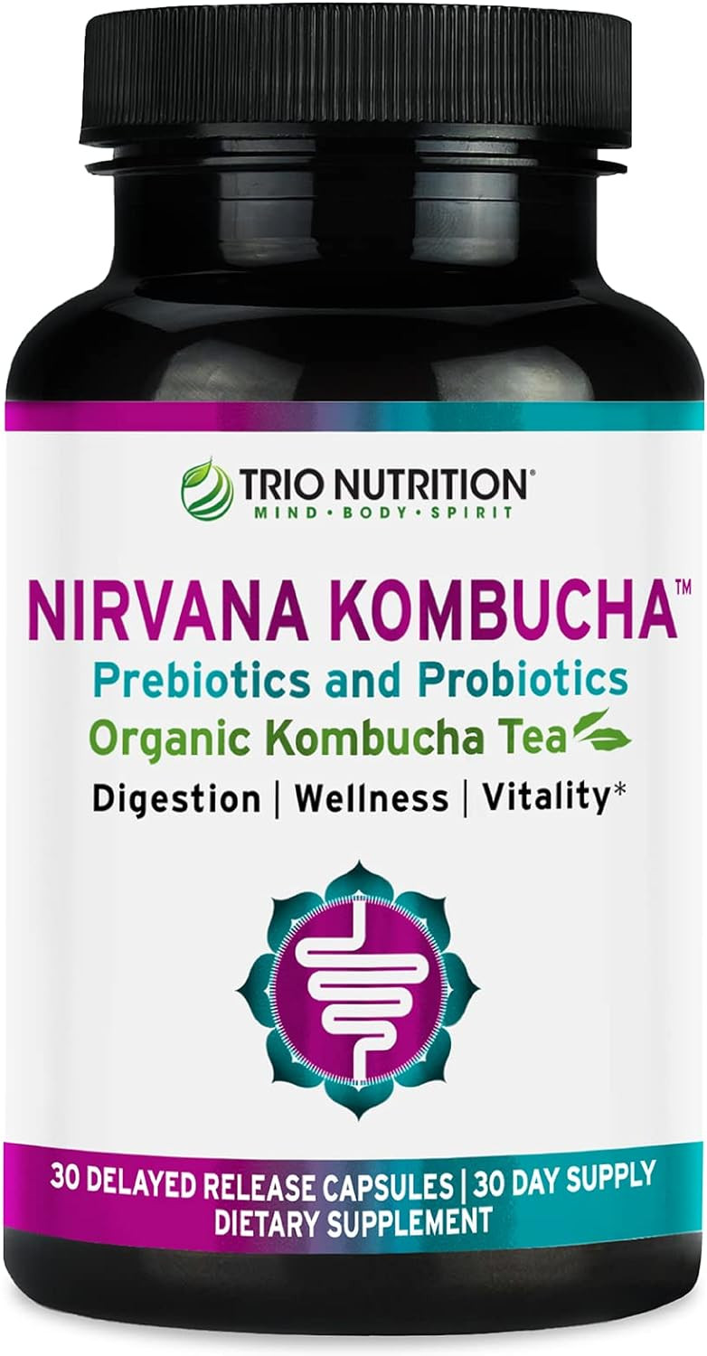 Trio Nutrition Nirvana Kombucha | Prebiotics, Probiotics & Organic Kombucha Tea | Probiotic Multi Enzyme Digestive Formula | Digestive & Immune Support | Prebiotics For Women & Men | 30 Day Supply
