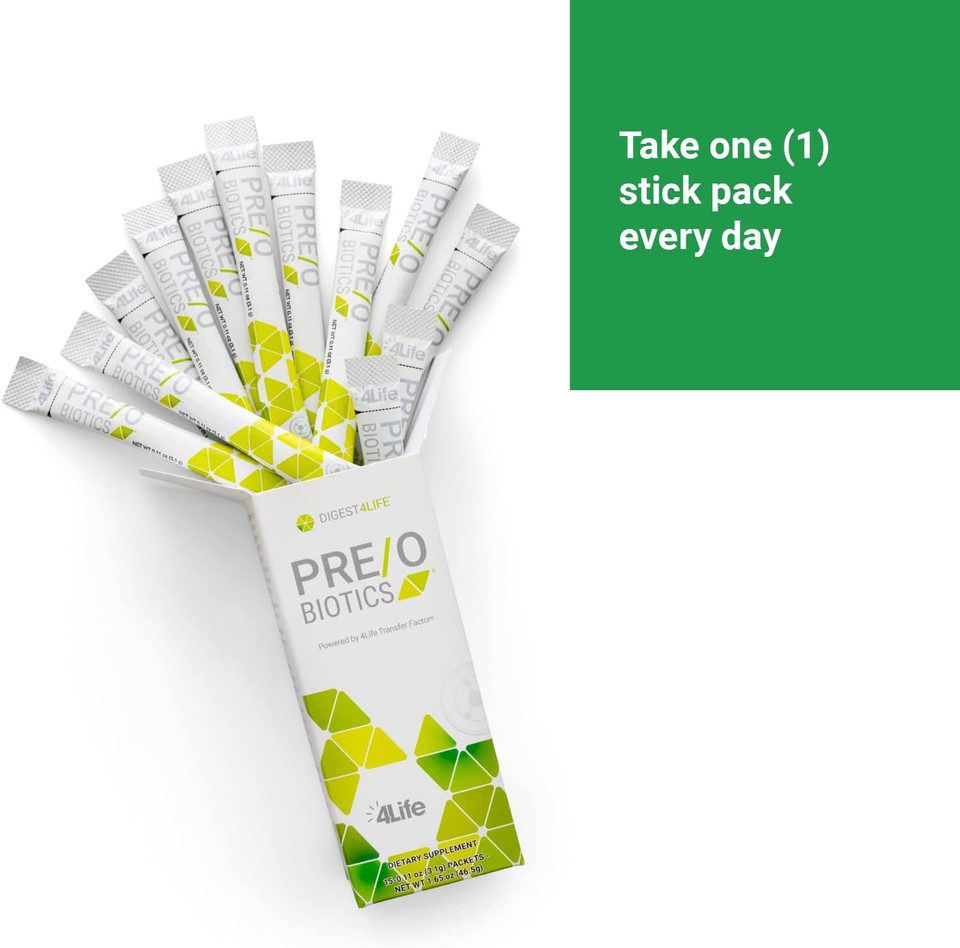 4Life Pre/O Biotics - Prebiotic And Probiotic Combined - Microbiome And Gut Health Support - Immune System Support Transfer Factor - Digestive Health Supplement - 15 Packets