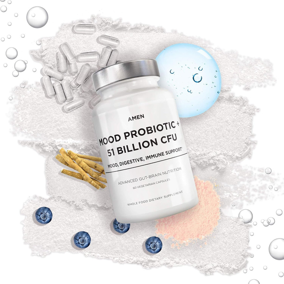 Amen Mood Probiotic Supplement 51 Billion Cfu - Organic Prebiotics And Probiotics - Acidophilus Probiotic Pills, Fibers - Mood Organic Ashwagandha, Blueberries - Vegan & Non-Gmo - 60 Capsules