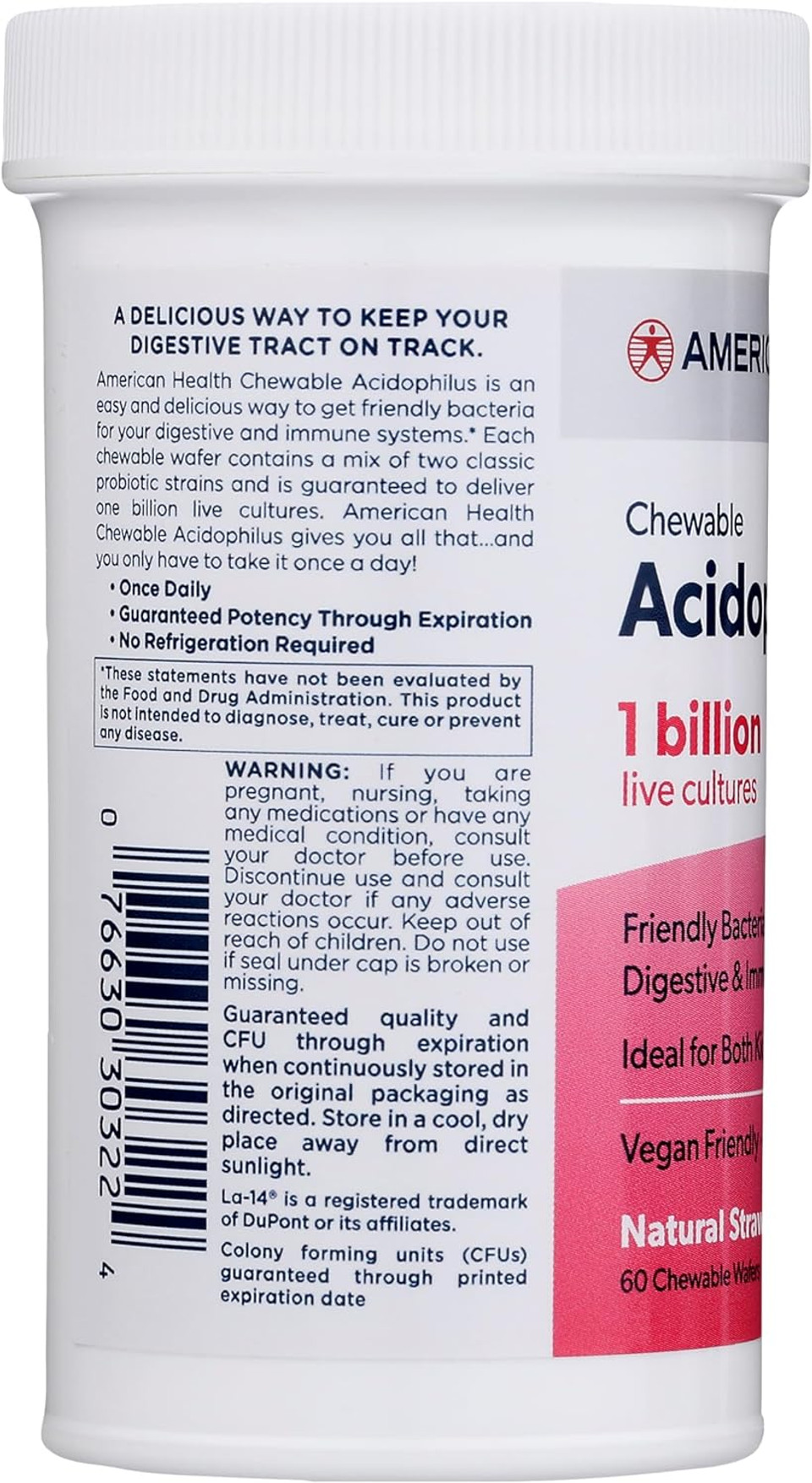 American Health Daily Chewable Tablet Acidophilus, 1 Billion Live Cultures, Beneficial Bacteria For The Digestive & Immune Systems, Strawberry, 60 Count