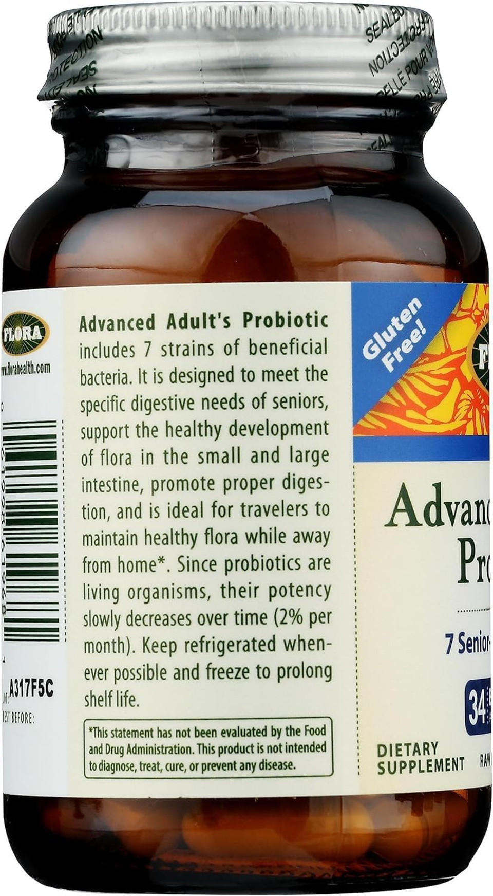 Flora - Advanced Adult'S Blend Probiotic, Seven Senior-Specific Strains, Gluten Free, Raw Probiotic With 34 Billion Cells, 30 Capsules