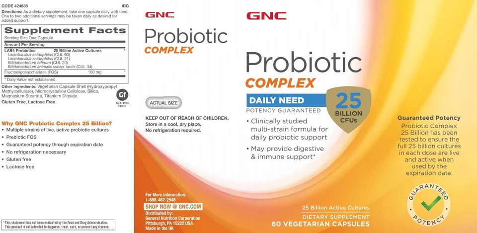 Gnc Probiotic Complex With- 25 Billion Cfus, 60 Capsules, Daily Probiotic Support
