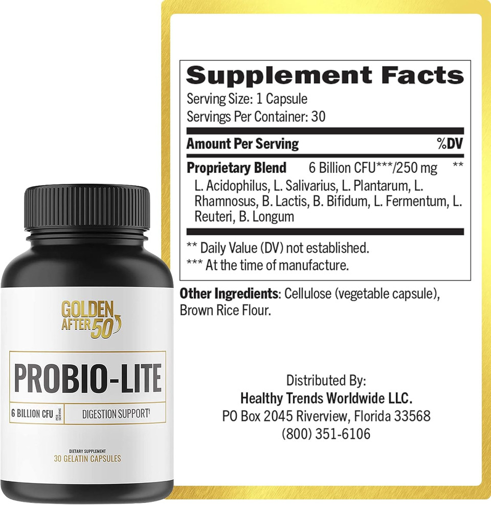 Golden After 50 Probio-Lite - For Gut Health And Digestion Support - Probiotics For Men And Women - 30 Gelatin Capsules - Probiotics For Occasional Heartburn, Gas, Indigestion