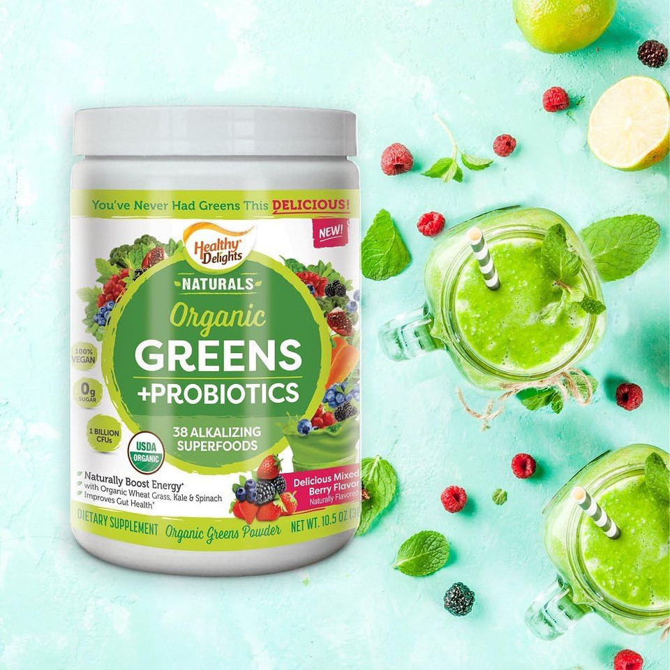 Healthy Delights Naturals - Organic Greens Plus Probiotics Powder - Naturally Boost Energy - Usda Organic - Delicious Berry Flavored - 30 Servings