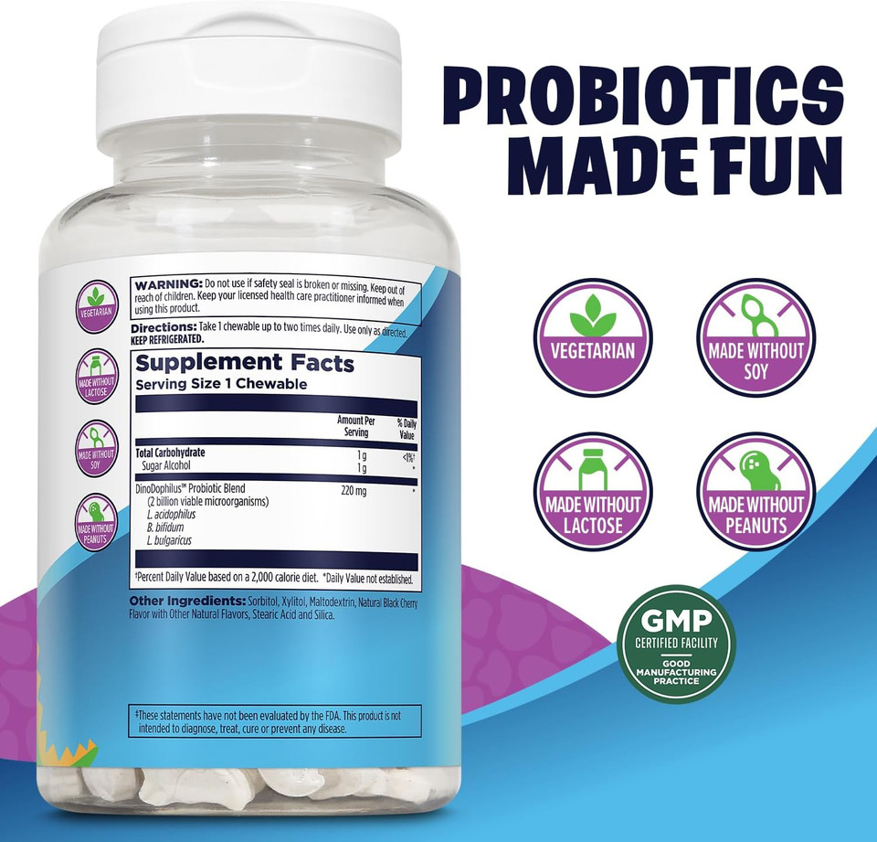 Kal Dinodophilus Probiotics For Kids, Kids Probiotic With 2 Billion Cfu, Chewable Kids Probiotics With Natural Black Cherry Flavor For Gut Health And Digestion Support, 60 Servings, 60 Chewables