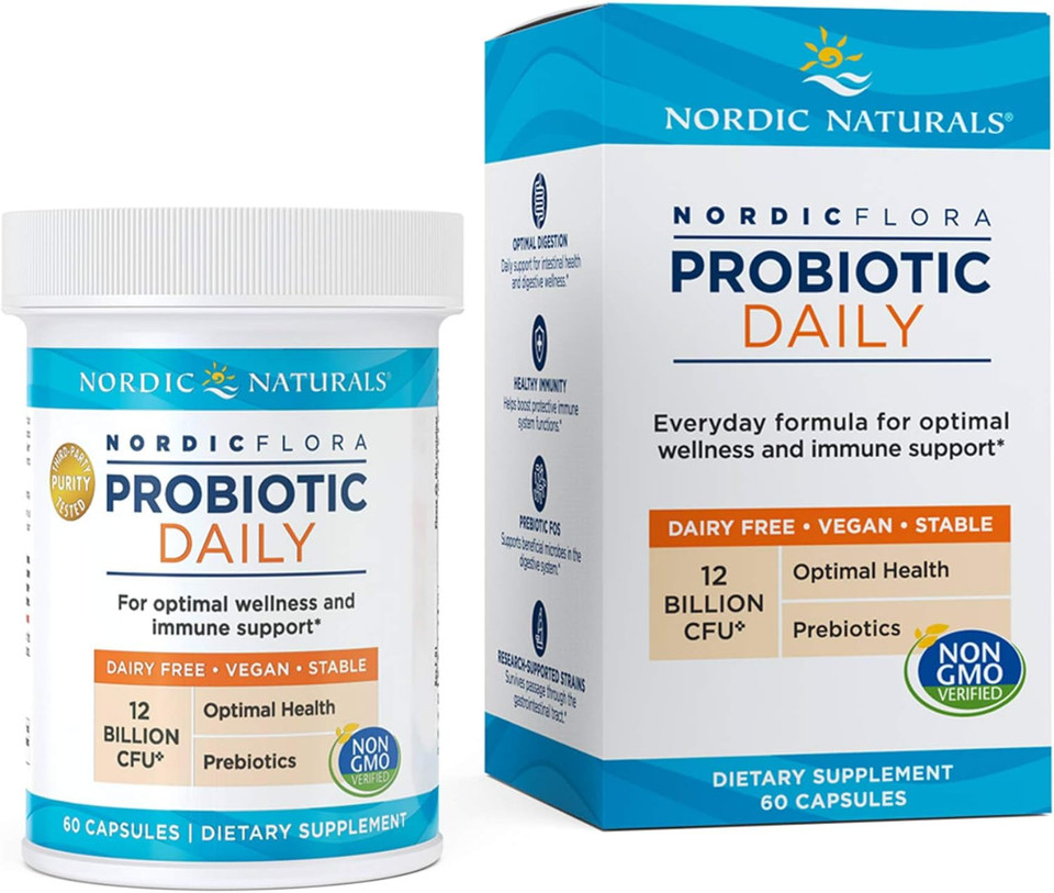 Nordic Naturals Nordic Flora Probiotic Daily - 60 Capsules - 4 Probiotic Strains with 12 Billion Cultures - Optimal Wellness, Immune Support, Digestive Health - Non-GMO, Vegan - 30 Servings60 Count (Pack of 1)