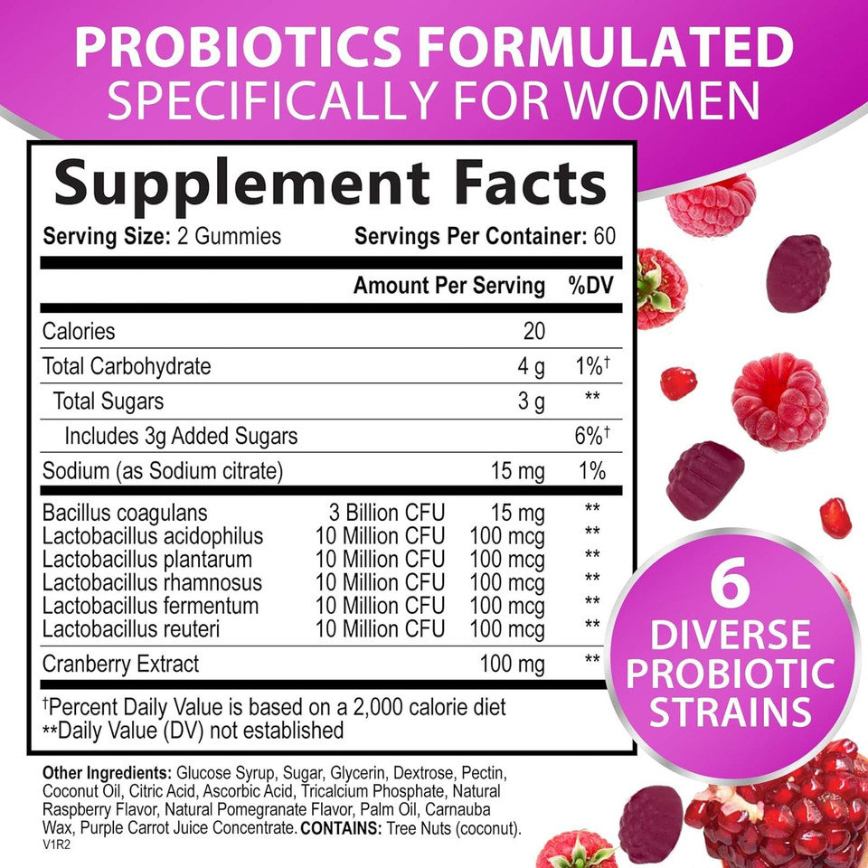 Probiotics For Women Gummy With Cranberry, 3 Billion Cfu Guaranteed With 6 Diverse Strains, Womens Probiotic Gummies For Digestive, Vaginal Ph, Urinary & Immune Health Support, Non-Gmo - 120 Gummies120 Count (Pack Of 1)