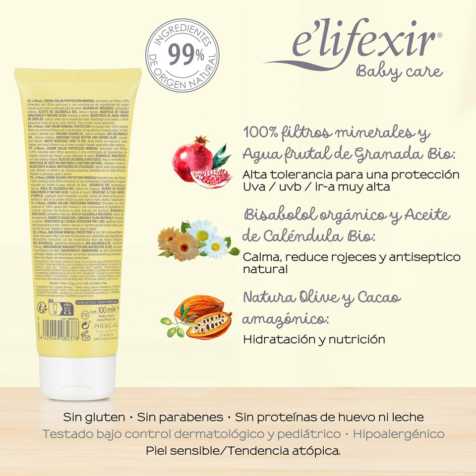 E'LIFEXIR Baby Care - Baby and Child Sun Cream | Hydrating, Nourishing, Water Resistant | Sunscreen UVA/UVB/IR-A | 100% Mineral Filters (Yellow )