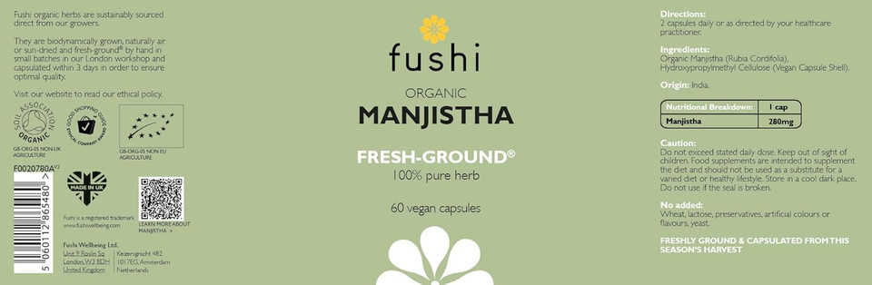 Fushi Organic Manjistha Capsules, 60 Caps | Fresh-Ground Whole Food | Ayurveda Medicine | Indigenously Sourced | Ethical & Vegan | Made in the UK Fushi Organic Manjistha Capsules, 60 Caps | Fresh-Ground Whole Food | Ayurveda Medicine | Indigenously Sourced | Ethical & Vegan | Made in the UK
