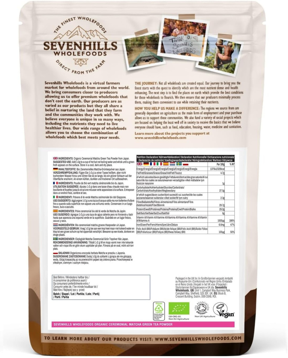 Sevenhills Wholefoods Organic Japanese Ceremonial Matcha Green Tea Powder 100G