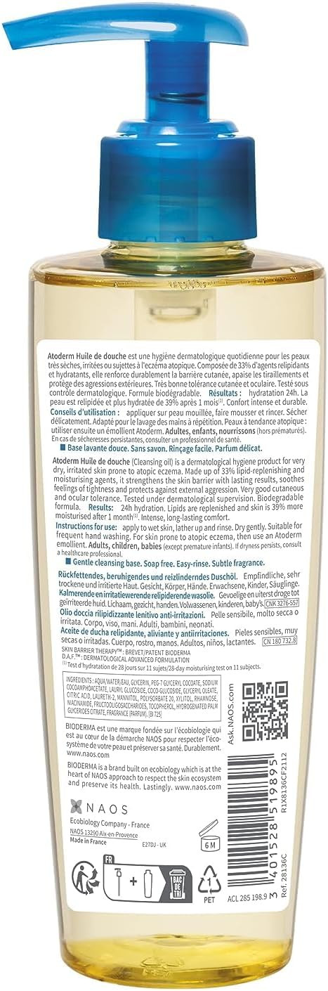 Bioderma Atoderm Shower Oil - Nourishing & Cleansing Body Wash, Hydrate, Soothe & Protect Dry & Sensitive Skin - with Glycerin & Niacinamides, 200ML